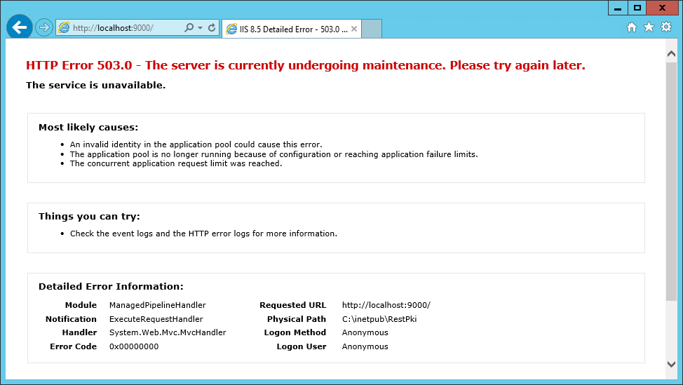 HTTP Error 503.0 - The server is currently undergoing maintenance