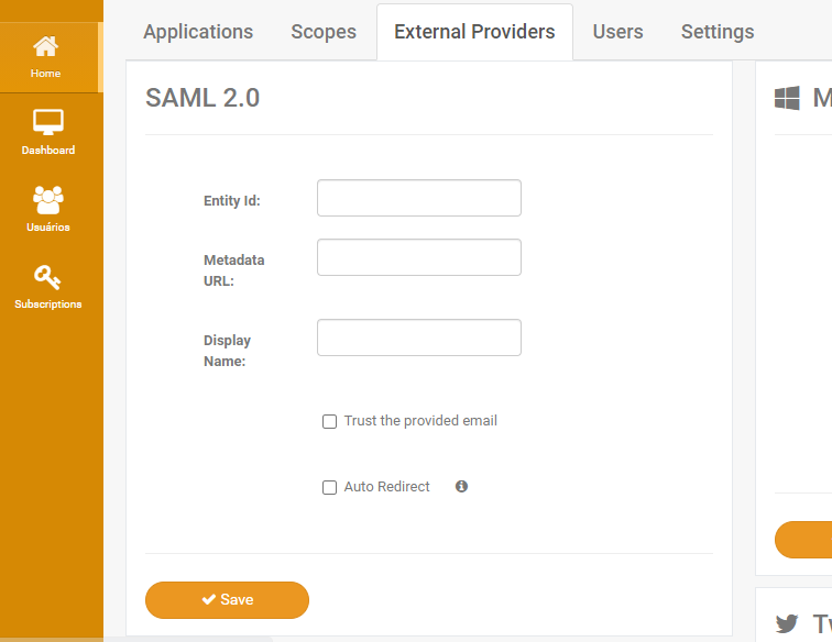 SAML 2 External Provider Settings