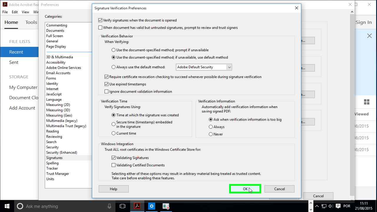 Configuring Adobe Reader to trust Windows roots