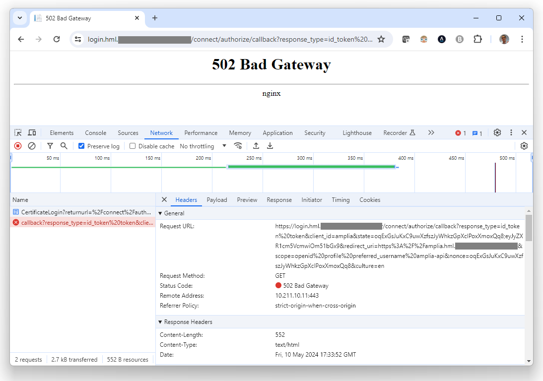 Error 502 on auth callback